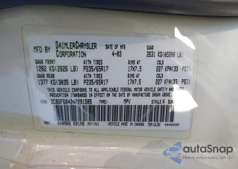 2004 Chrysler Pacifica z USA, uszkodzony, nr VIN 2C8GF68424R291585